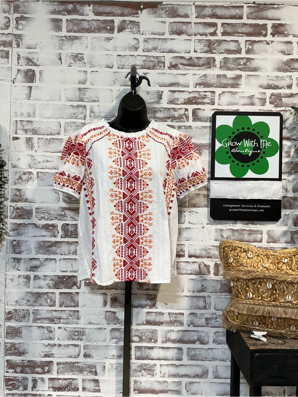 Embroidered White Cotton Short-Sleeve Top with Red & Orange Pattern